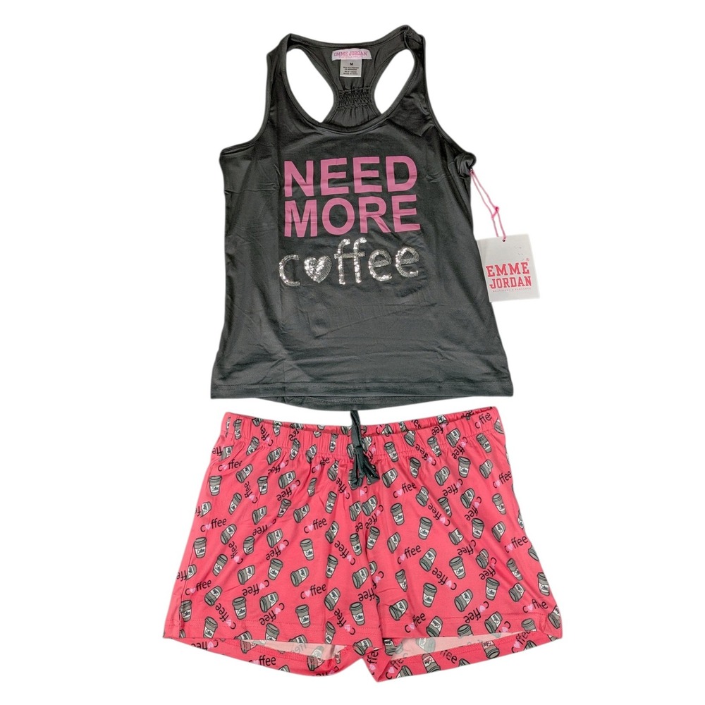 Emme Jordan Womens Need More Coffee Pajama Set Pink Gray Size M NWT